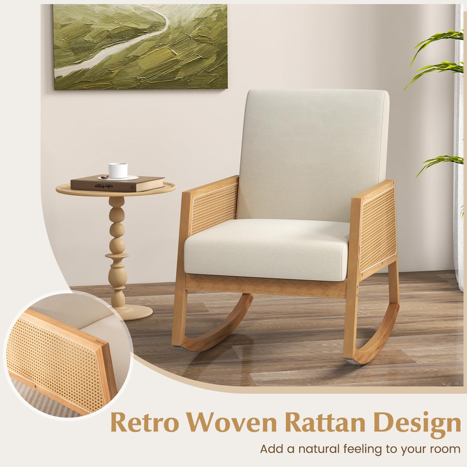 Giantex Rocking Chair with Rattan Armrests, Armchair with Upholstered Cushion & Wood Rattan Armrests