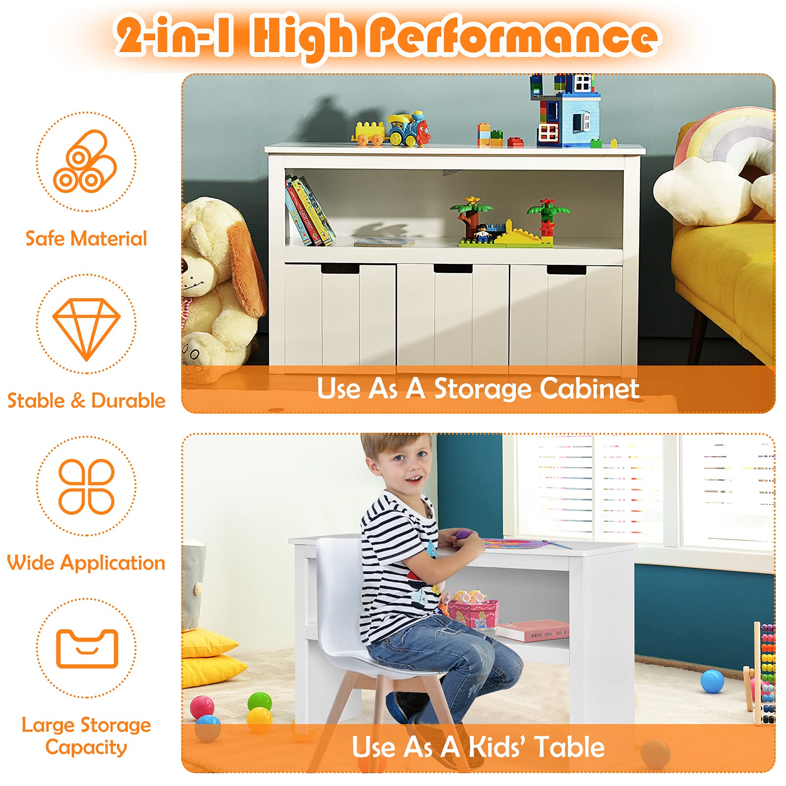 BABY JOY Kids Toy Storage Cabinet with 3 Removable Drawers, Rolling Wheels & Open Shelf