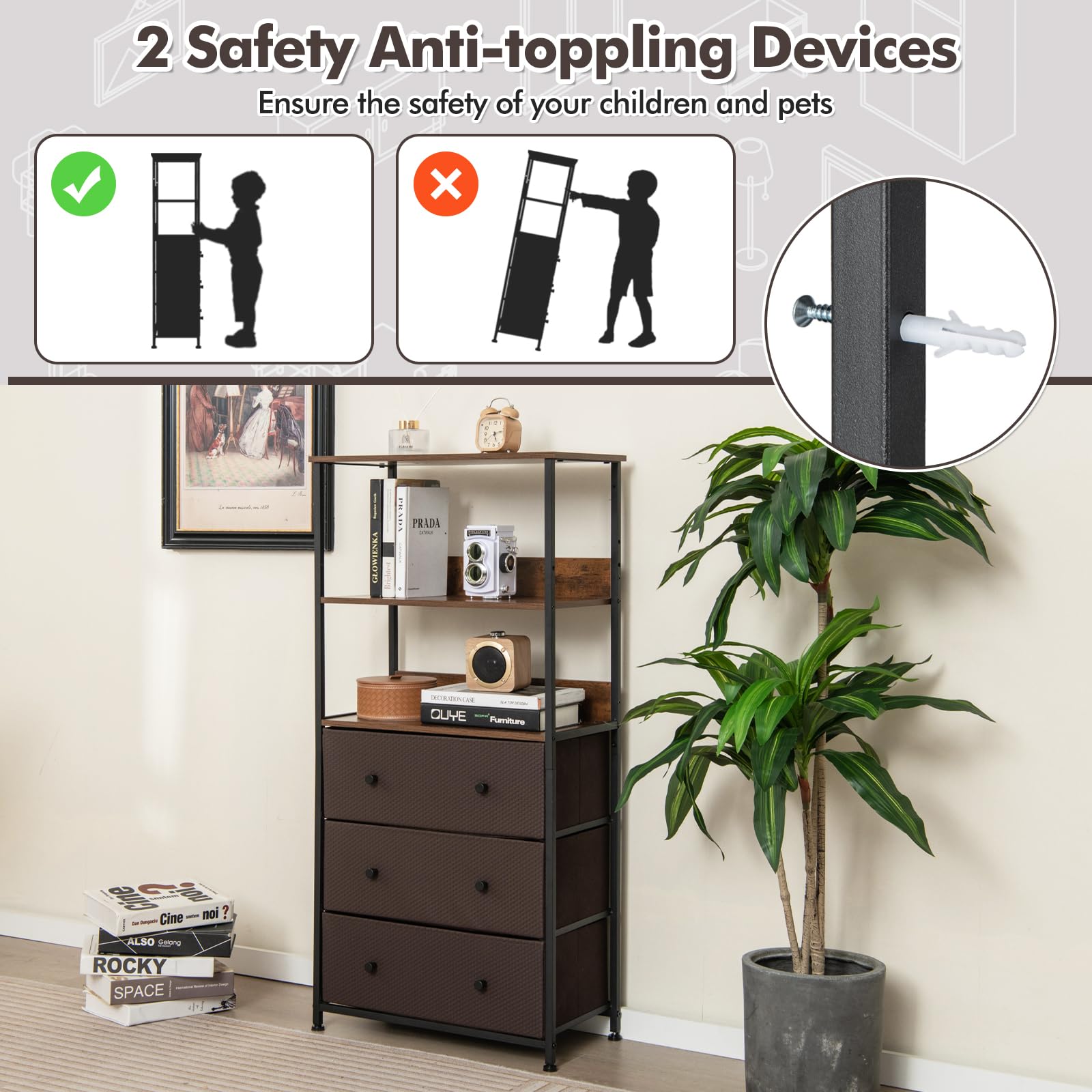 Giantex 3 Drawer Dresser w/Open Shelves, Home Vertical Fabric Storage Unit w/Metal Frame & Removable Fabric Bins