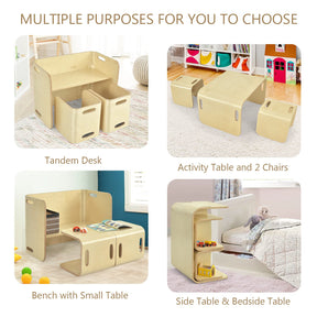 HONEY JOY Kids Table and Chair Set, 3 Pieces Wooden Activity Table Bench w/Storage Shelves