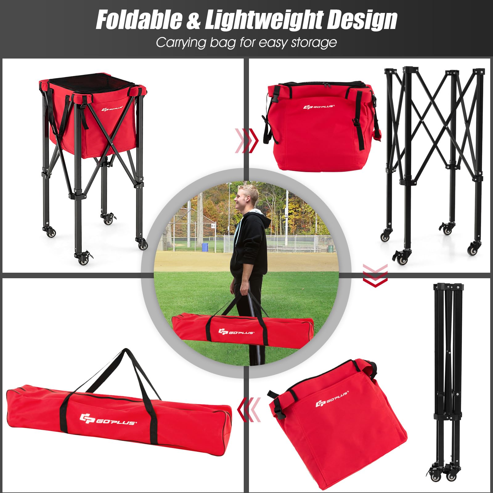 Foldable Tennis Ball Cart, Lightweight Aluminum Tennis Ball Hopper Basket w/Wheels