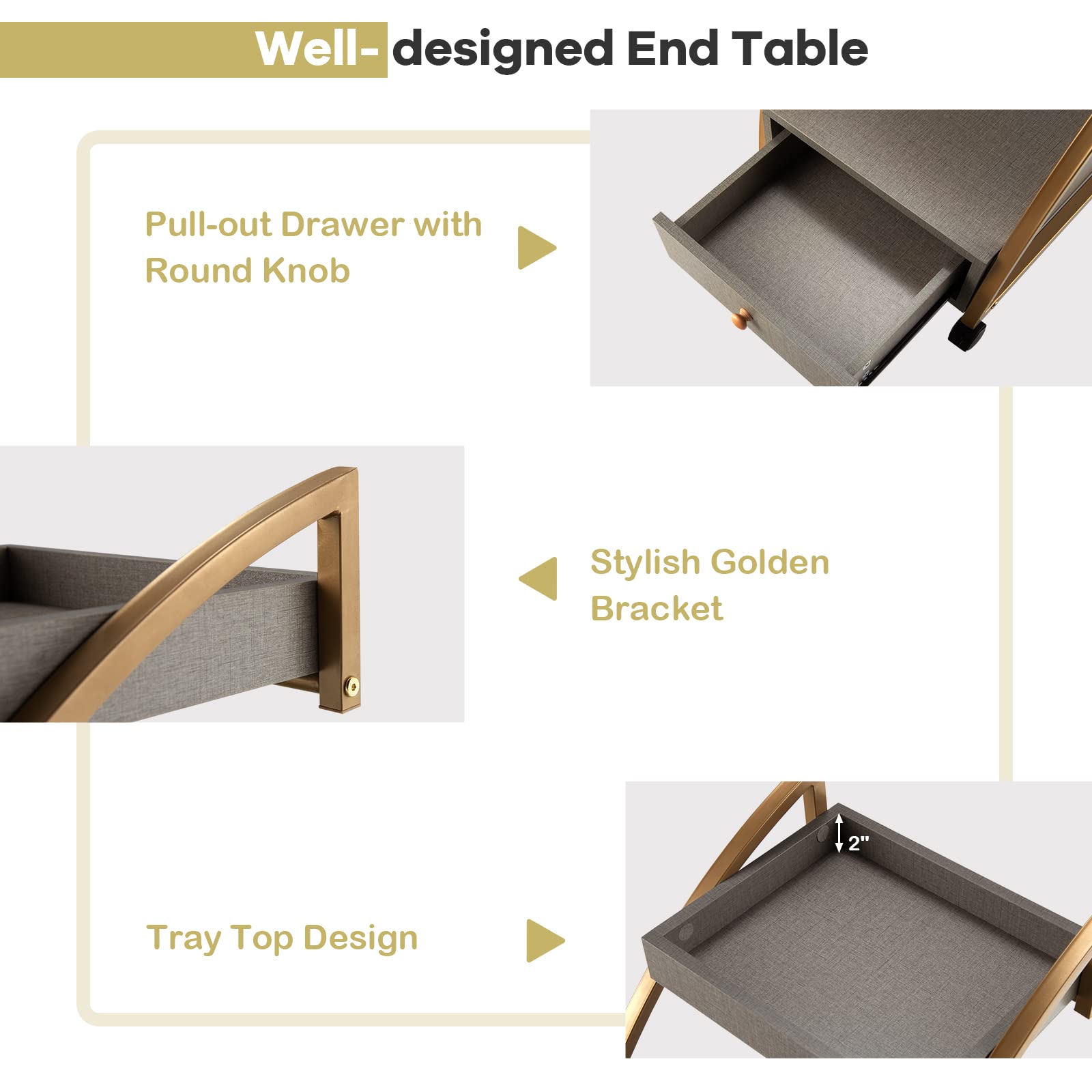 Giantex Rolling Side Table, 2-Tier End Table w/Drawer, C-Shaped Sofa Side Table, Grey & Gold