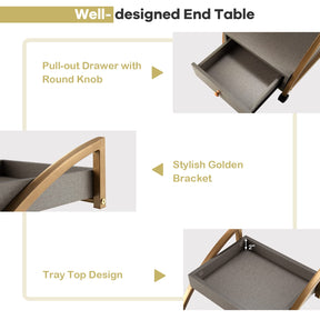 Giantex Rolling Side Table, 2-Tier End Table w/Drawer, C-Shaped Sofa Side Table, Grey & Gold