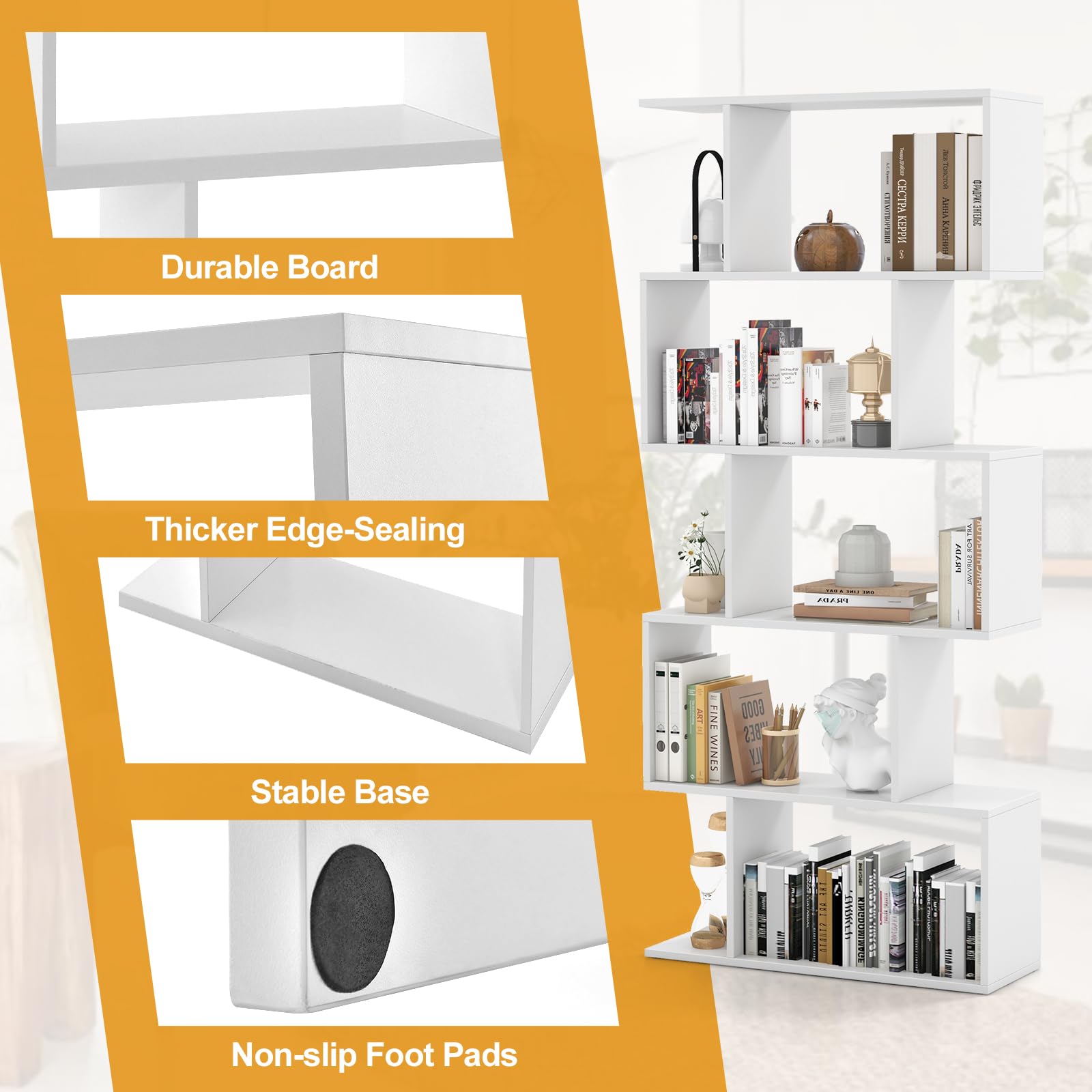 Giantex 5-Tier Bookshelf Geometric S-Shaped Bookcase w/Anti-Toppling Device