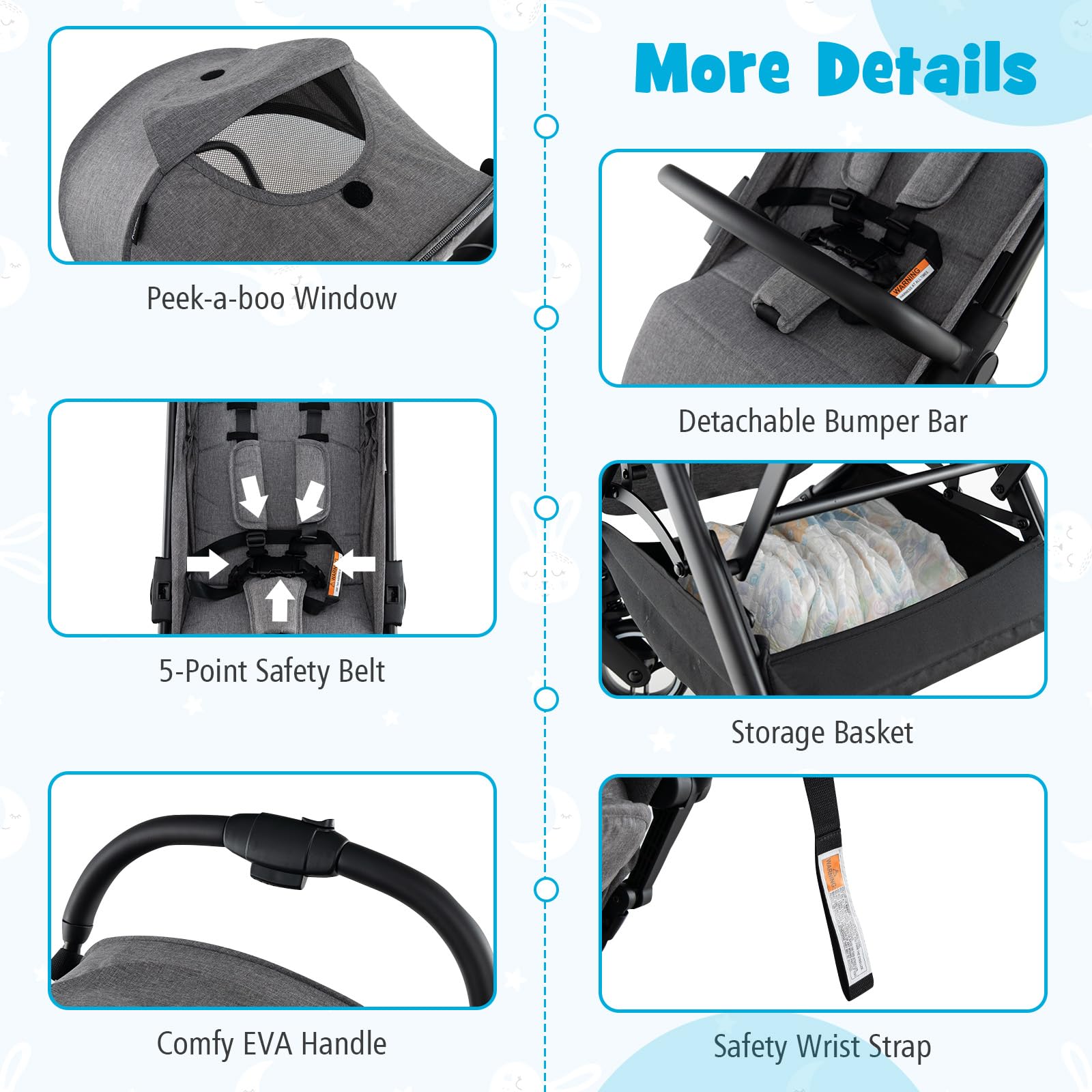 Lightweight Baby Stroller, Folding Infant Toddler Stroller w/Backrest, Storage Basket,Footrest & Canopy