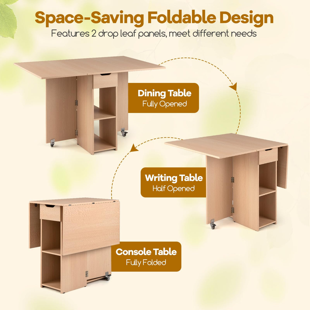Folding Dining Table for 2-4, Space Saving Kitchen Table Drop Leaf with 2 Open Shelves & Drawer