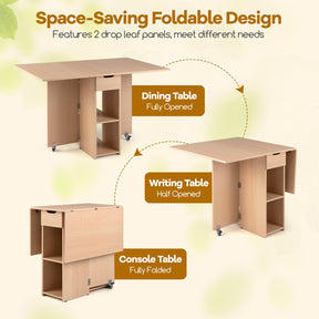 Folding Dining Table for 2-4, Space Saving Kitchen Table Drop Leaf with 2 Open Shelves & Drawer