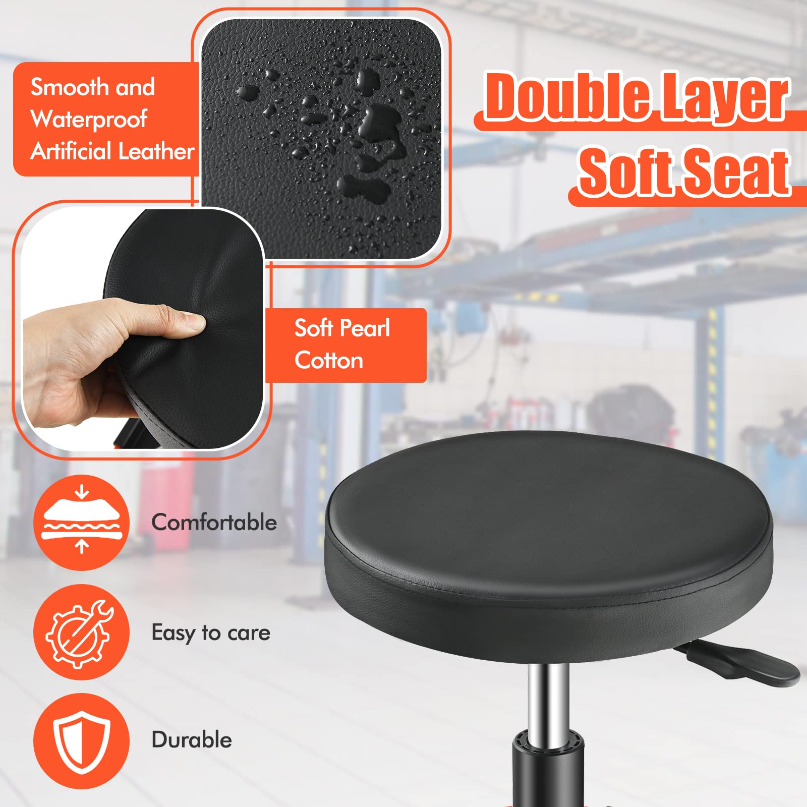 150 kg Capacity Pneumatic Rolling Mechanic Stool, Adjustable Roller Seat with Padded Seat