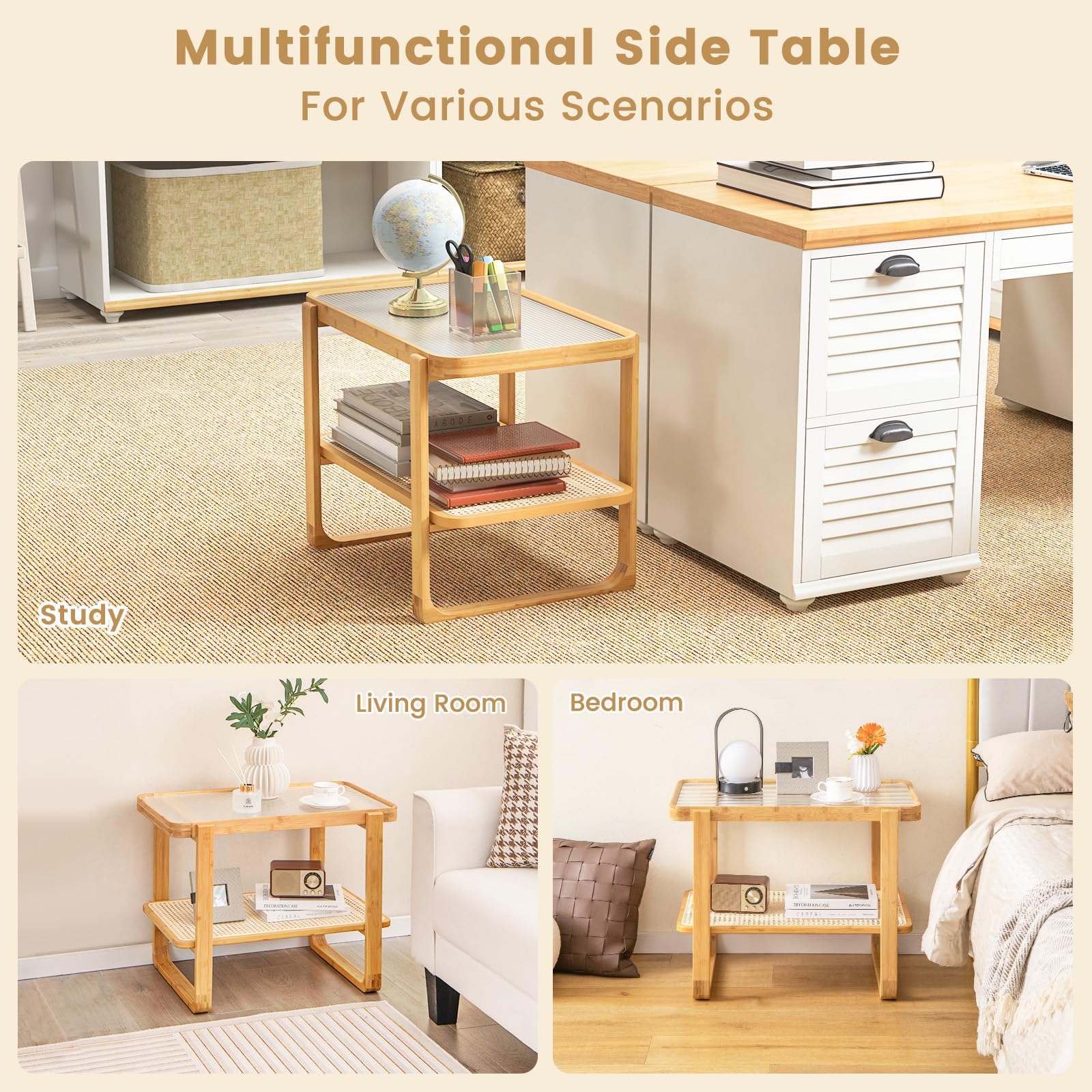 Giantex 2-Tier Bamboo Side Table w/Glass Top, End Table