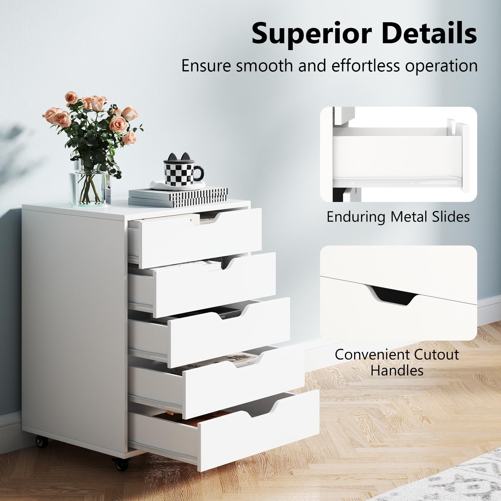 5-Drawer Chest of Drawers, Wooden Dresser Chest, Mobile Lateral Filing Cabinet with Wheels