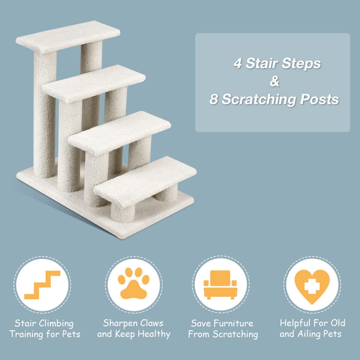 4-Step Pet Stairs for Cats and Dogs, Carpeted Cat Scratching Post Pet Ramp