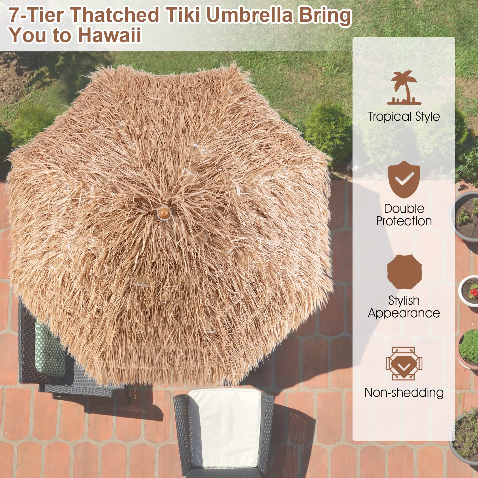 7.2 FT Thatched Tiki Umbrella, Hawaiian Style Hula Beach Umbrella w/Tilt