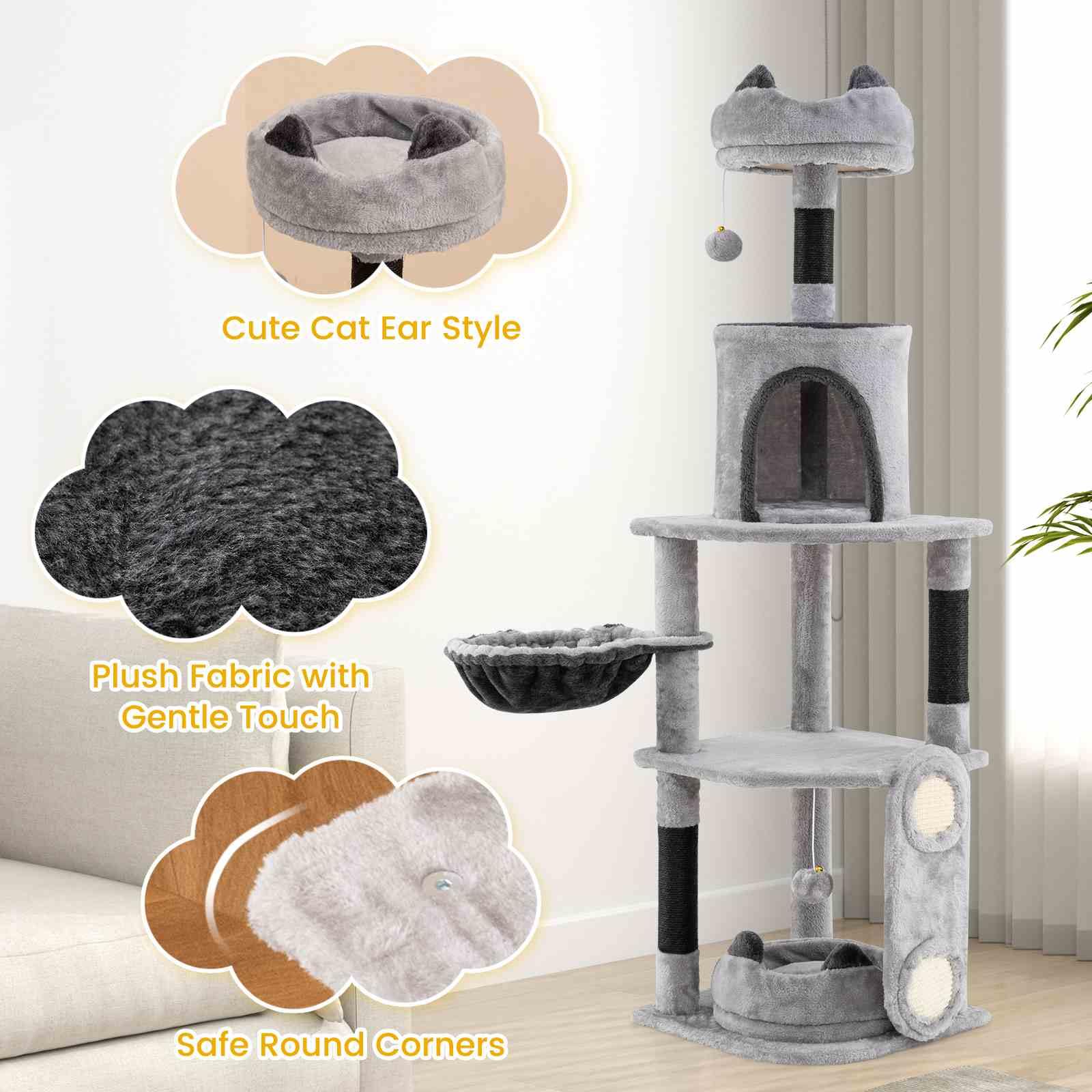 Tall Cat Tree Multi-level Large Cat Tower w/Sisal Scratching Posts &Board Indoor