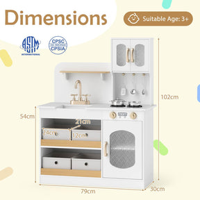 Play Kitchen for Kids with Storage, Wooden Toy Kitchen Set w/4 Storage Bins