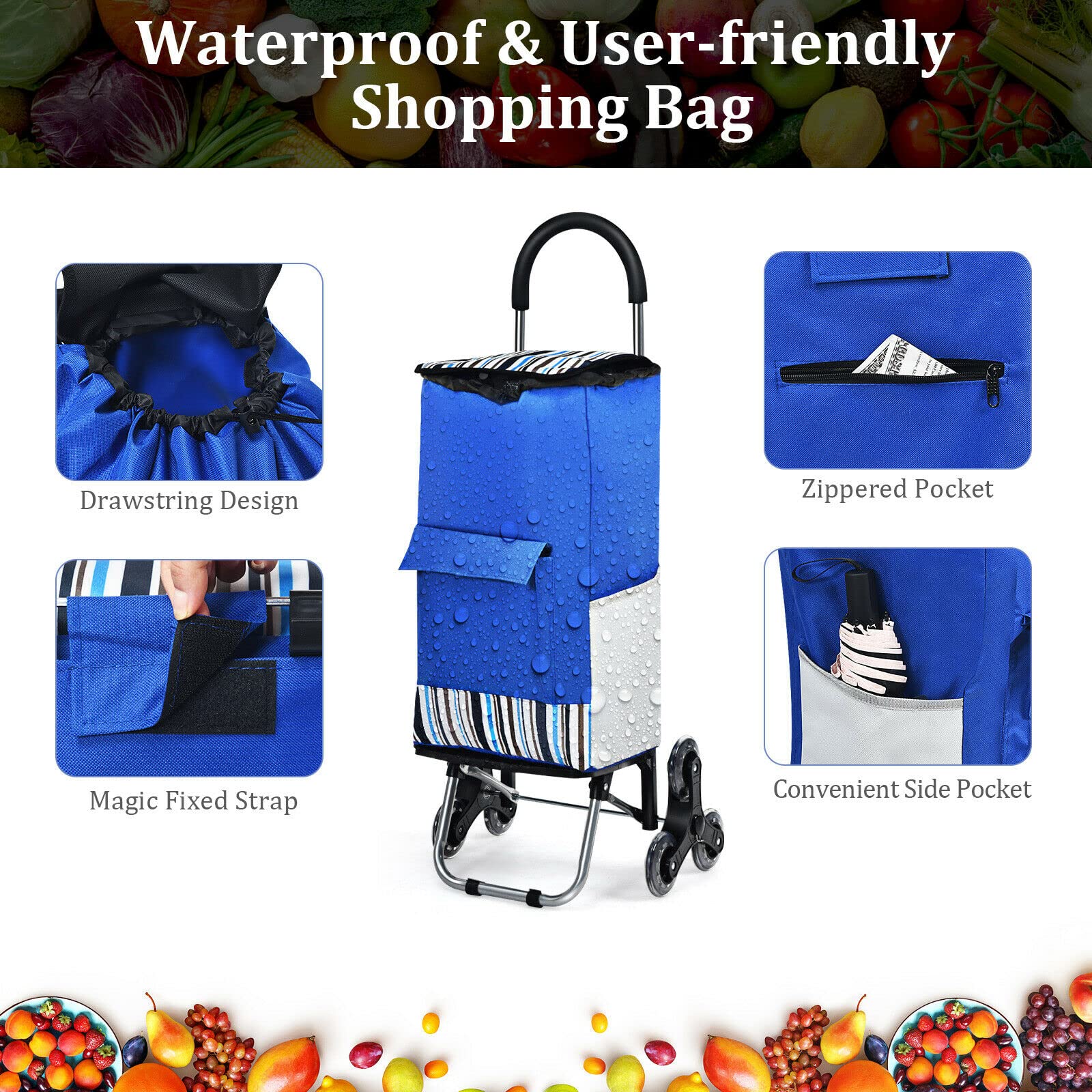 Giantex Folding Shopping Trolley Dolly, Rolling Utility Bag Cart w/ 2 Wheels, Solid Aluminum Frame, Blue & Black