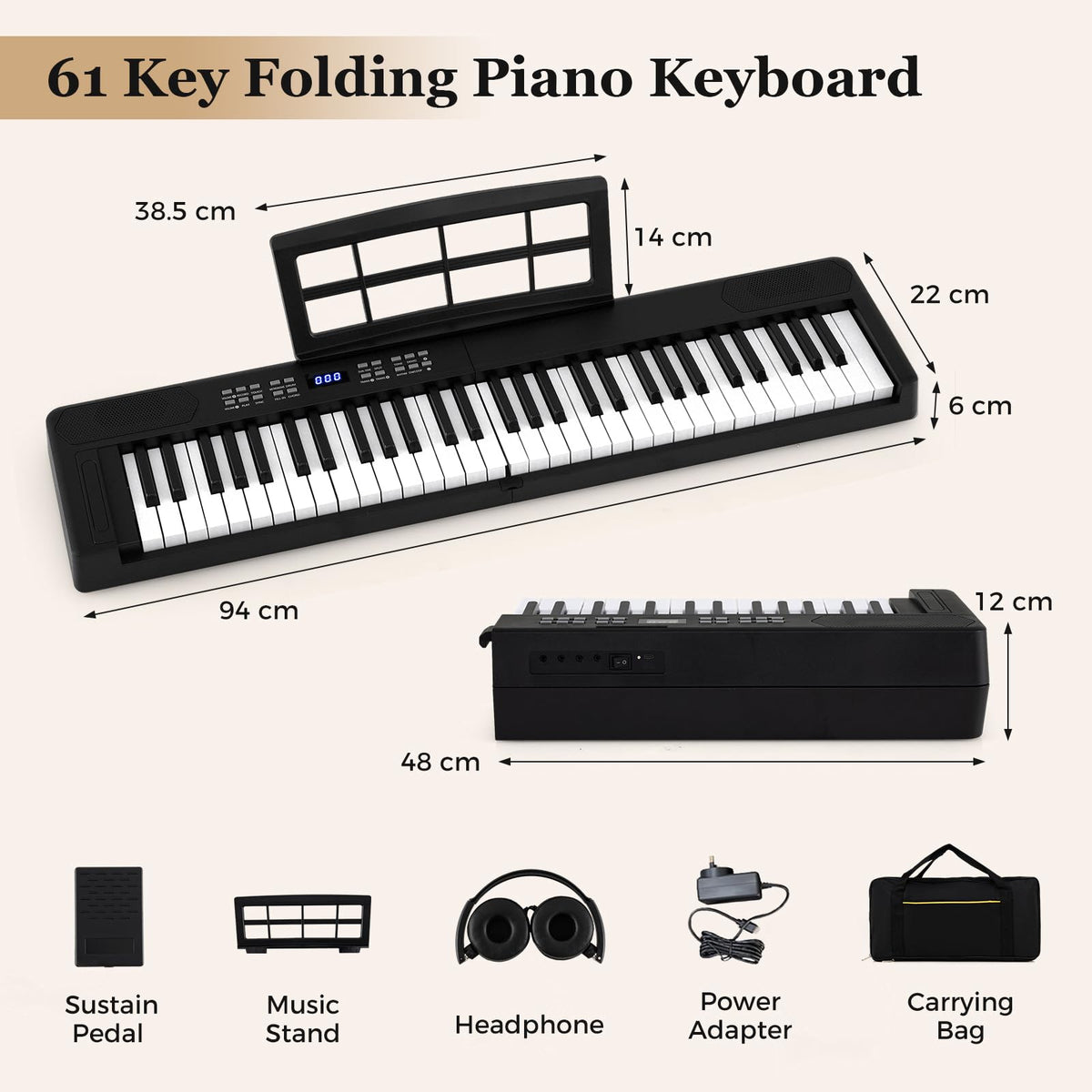61-Key Foldable Piano Keyboard, Full-size Electronic Keyboard w/ MIDI & Split Function, Headphone & Sustain Pedal