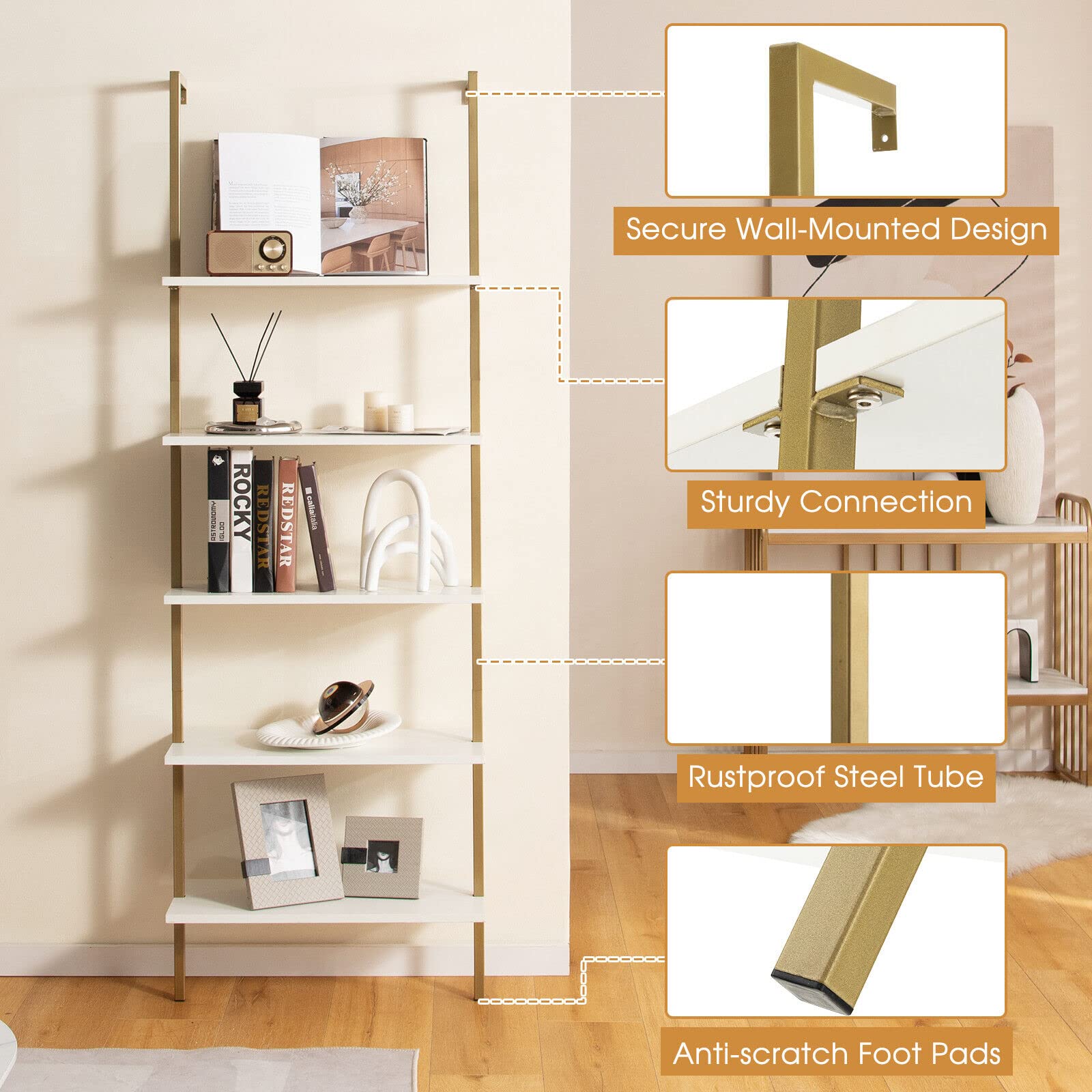 Giantex 5-Tier Ladder Shelf, Wall Mounted Bookshelf with Steel Frame, Elegant Bookcase
