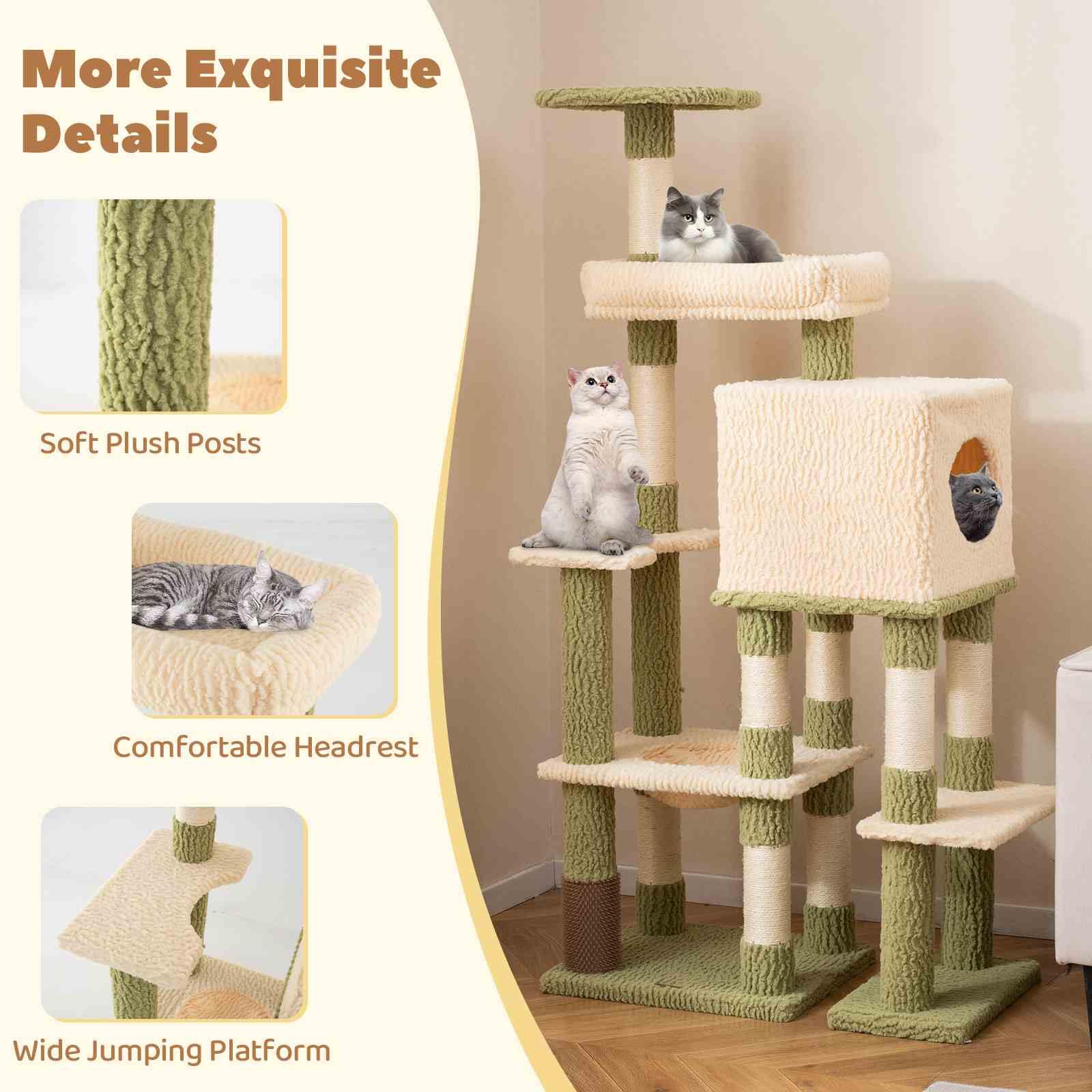 Tall Cat Tree, Multi-Level Cat Tower w/Private Condo, Cat Self-Grooming Brush & Scratching Posts