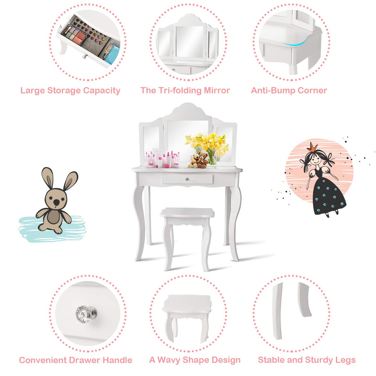 2 in 1 Kids Vanity Table & Chair Set, Princess Makeup Dressing Table with Drawer & Tri-Folding Mirror