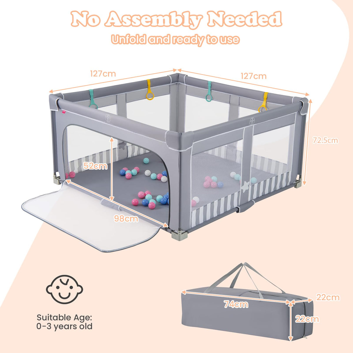 Baby Playpen 127 x 127cm, BPA-Free Foldable Toddlers Safety Fence Play Yard with Zipper Gate