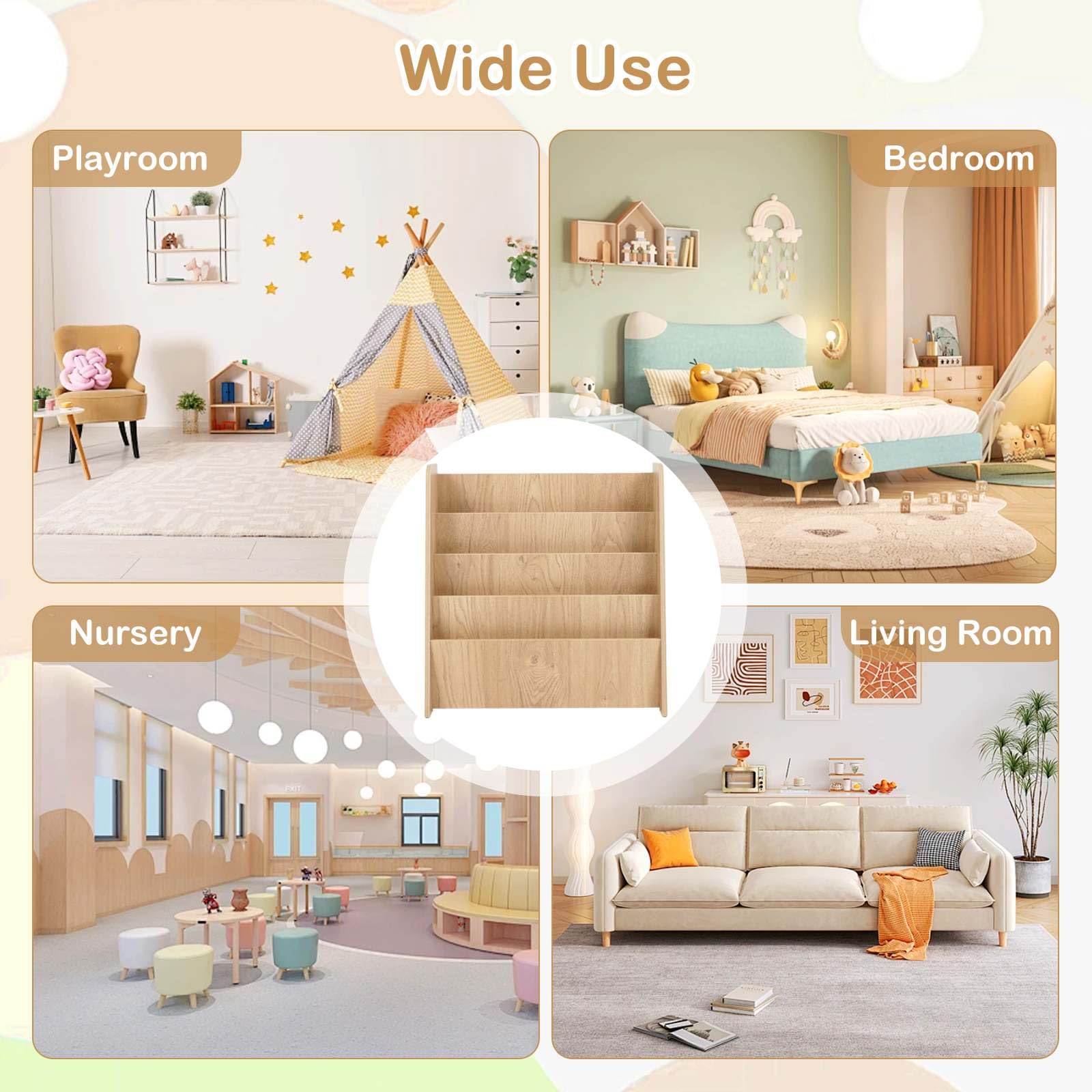 4-Tier Kids Wooden Bookshelf, Front Facing Children Display Bookcase with Deep Compartments