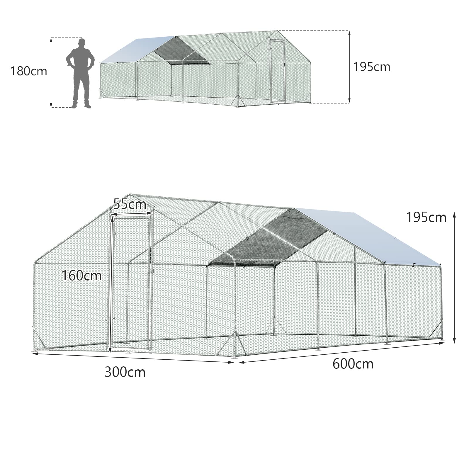 Walk-in Pen Run for Chicken, Rabbits, Ducks, Poultry Cage, Rabbit Hutch Ferret Cage (600 cm x 300 cm x 195 cm)
