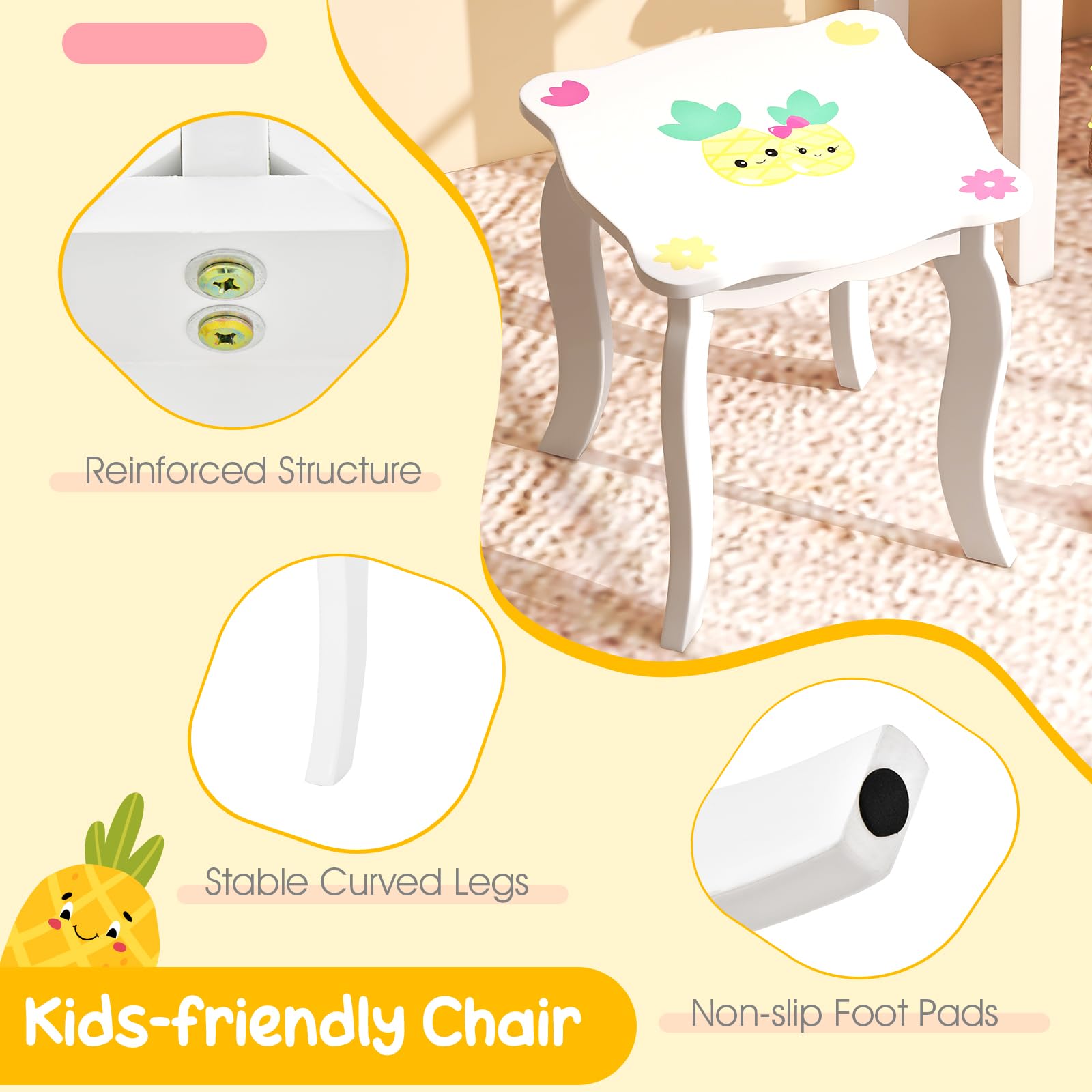 HONEY JOY Kids Vanity Table and Chair Set, Kids Dressing Table w/Tri-Folding Mirror, Large Storage Drawer