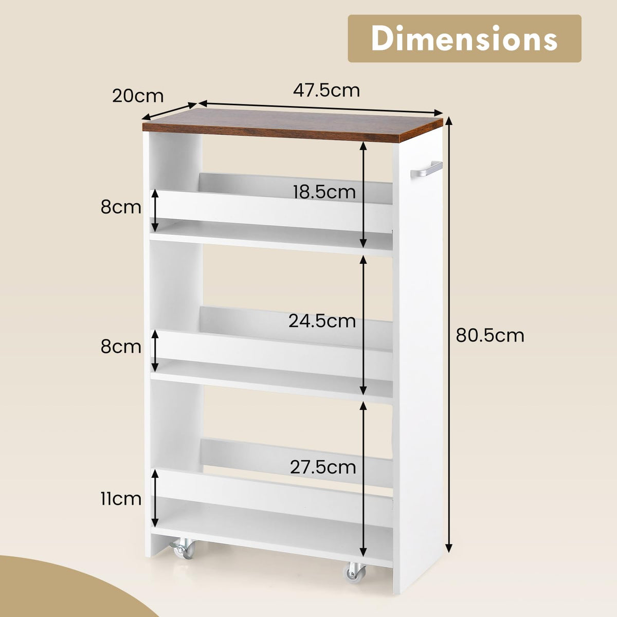 4-Tier Rolling Storage Cart, 20cm Slim Kitchen Cart on Wheels