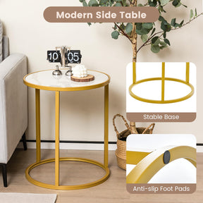Round Side Table, 40 x 40cm End Table w/Marble Top & Golden Metal Frame