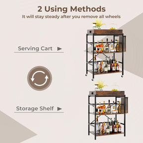 3-Tier Bar Cart, Industrial Serving Cart with Detachable Tray, 4 Lockable Casters & 1 Handy Handle