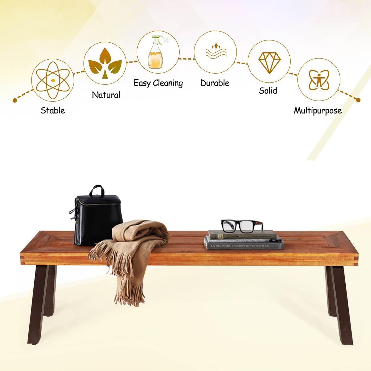 Set of 1/2 Outdoor Acacia Wood Bench, 2-3 People Backless Garden Front Benches with Metal Frame, Patio Wooden Dining Benches for Deck, Yard and Entryway