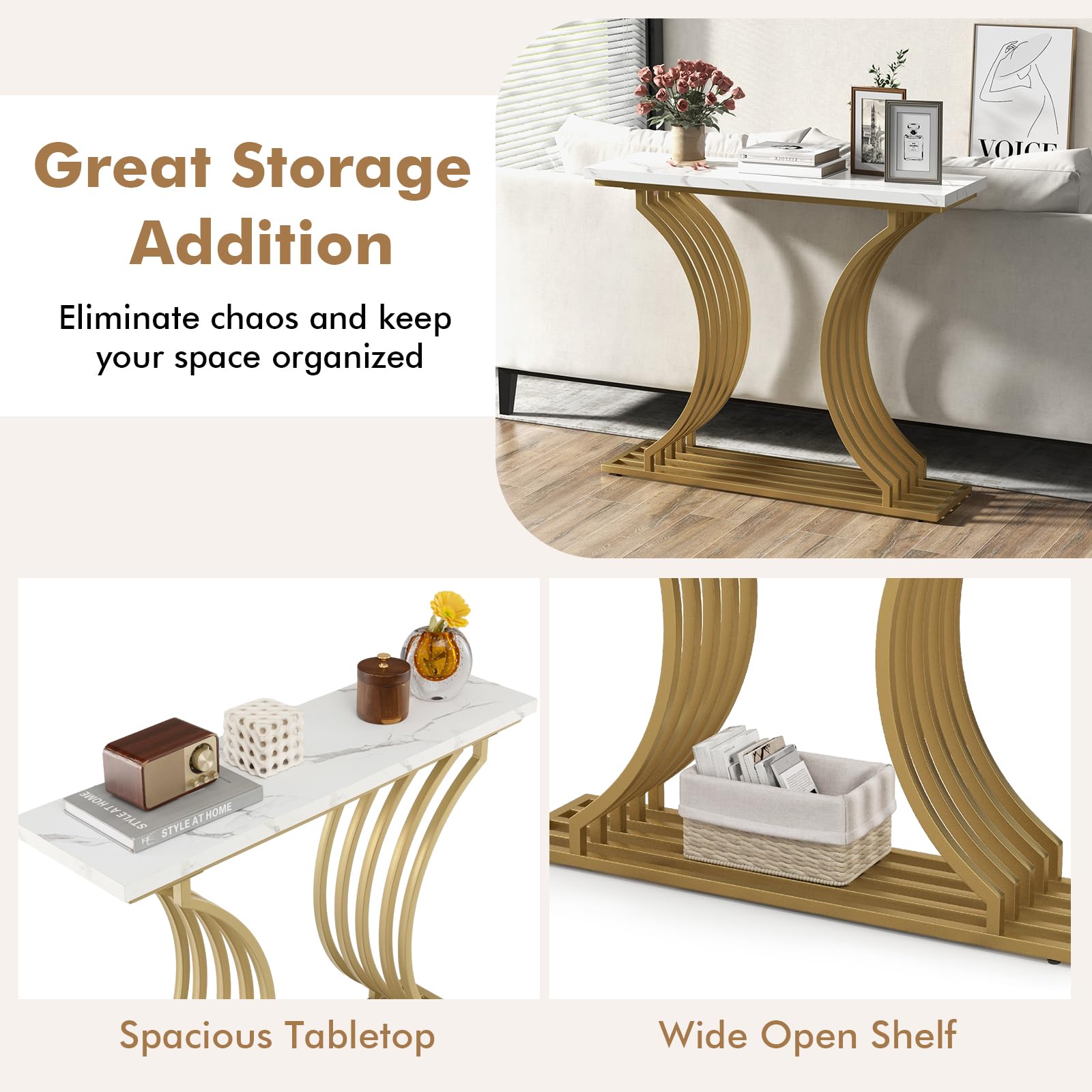 Giantex 100 cm Gold Modern Console Table with White Faux Marble Tabletop