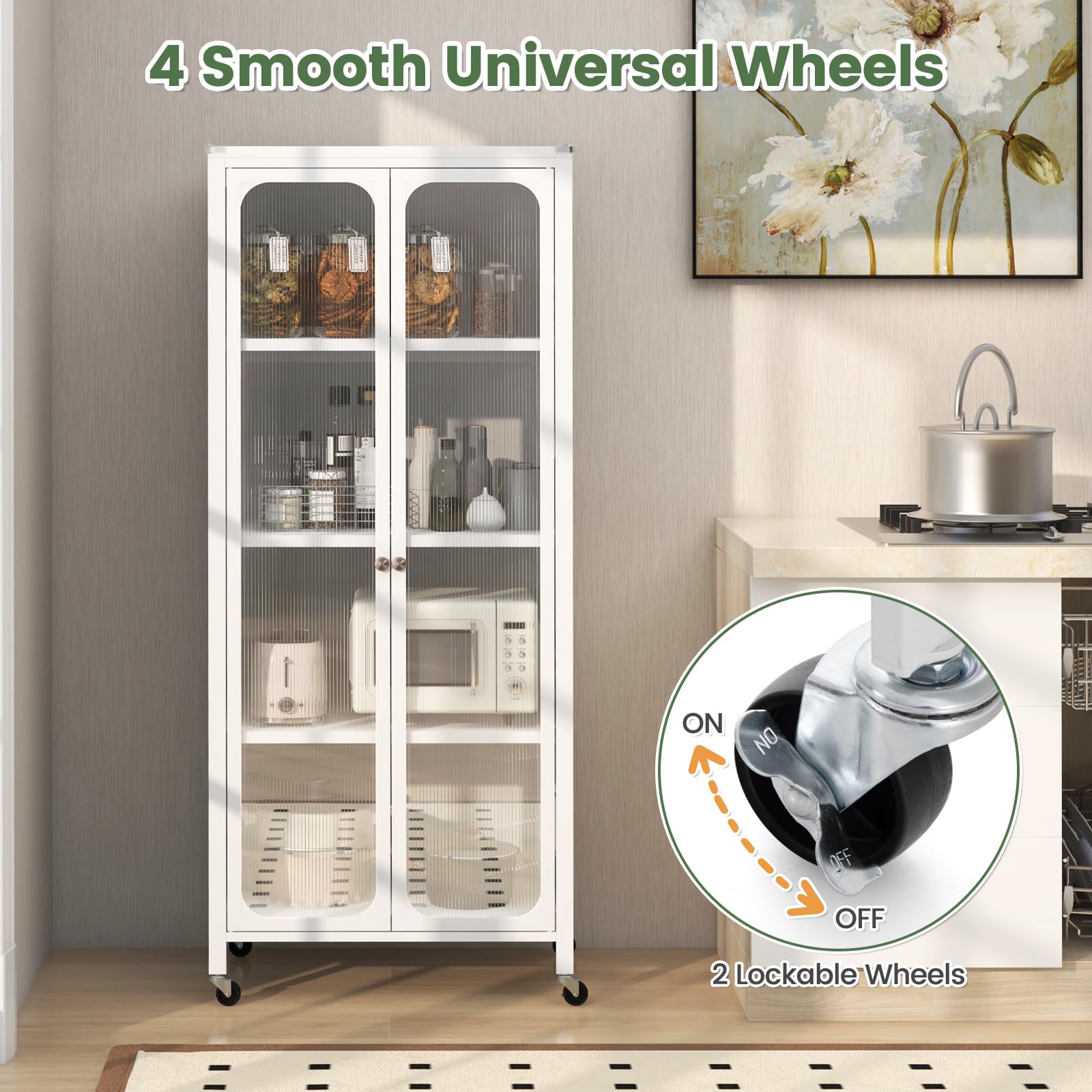 Giantex Glass Doors Storage Cabinet w/Wheels, Mobile 2 Doors Food Pantry Cupboard Cabinet