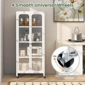 Giantex Glass Doors Storage Cabinet w/Wheels, Mobile 2 Doors Food Pantry Cupboard Cabinet