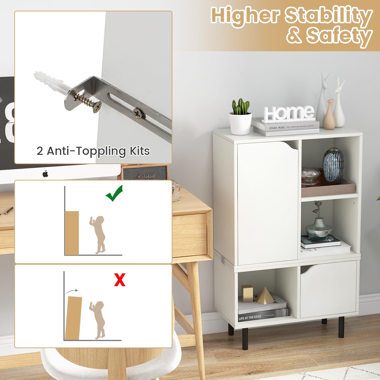Giantex Stackable Bookcase, Combination Lattice Cabinet, Floor Open Bookshelf w/Adjustable Shelf & Cubes