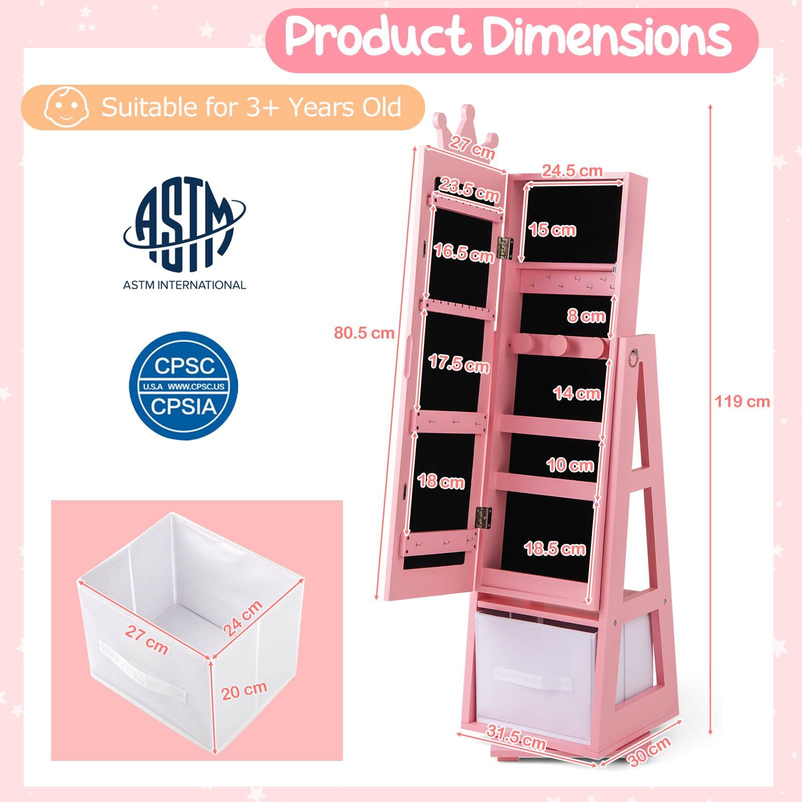 HONEY JOY 360° Swivel Kids Jewelry Cabinet, 3-in-1 Freestanding Full Length Dressing Mirror