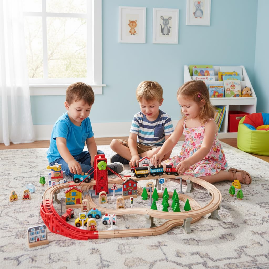 Train Table, 84 Pieces Wooden Kids Activity Toy Table Playset with Reversible Detachable Tabletop, Tracks, Train, Railway, City for Toddler Boys Girls (36’’ x 25’’ x 16’’)