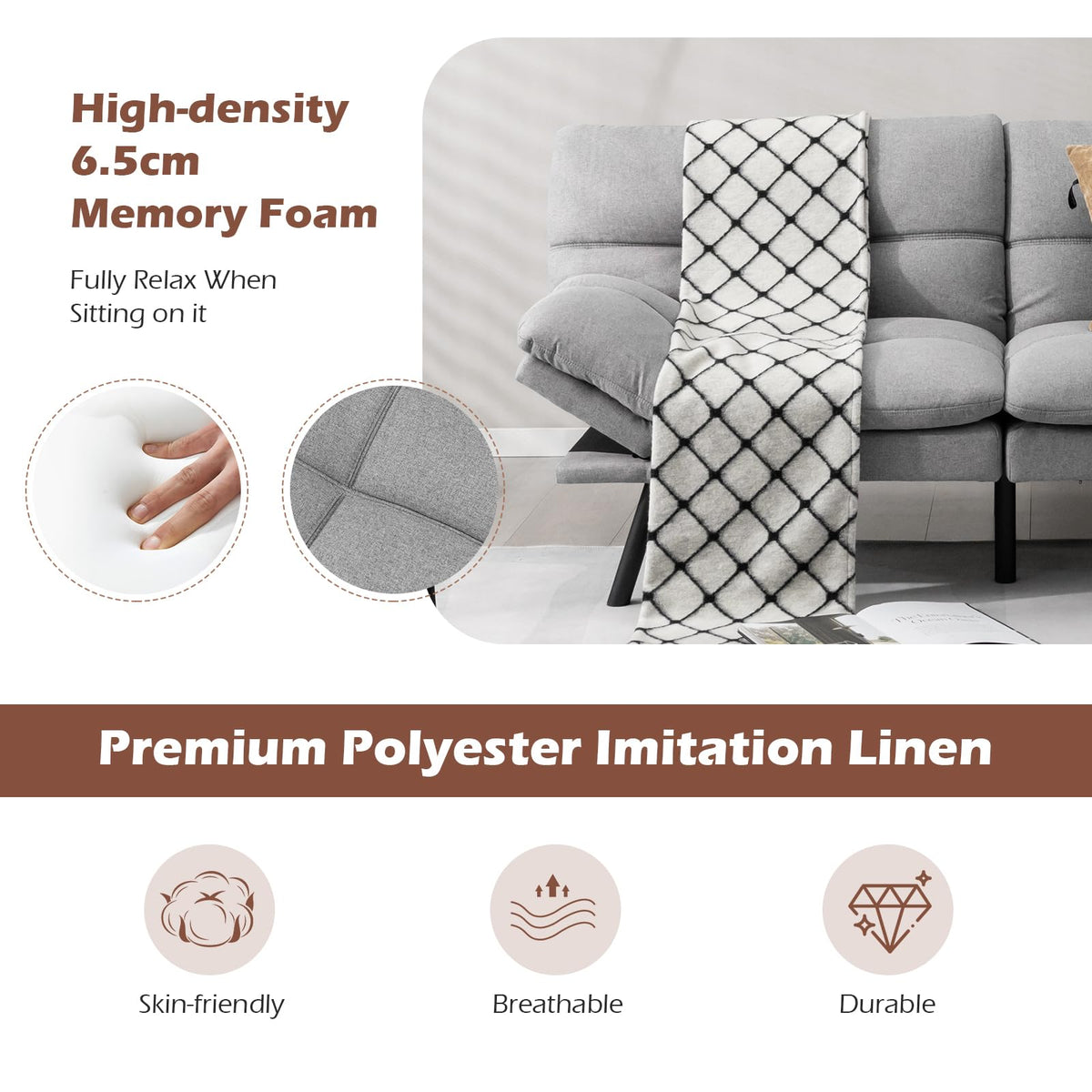 Convertible 3 Seater Sofa Bed, Memory Foam Futon Couch Bed w/Adjustable Backrest & Armrests