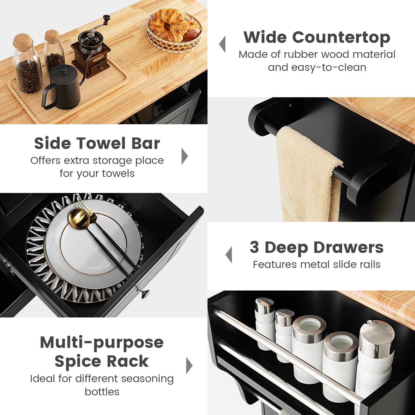 Giantex Large Mobile Kitchen Island Cart, Kitchen Island on Hidden Wheels, Rubber Wood Countertop