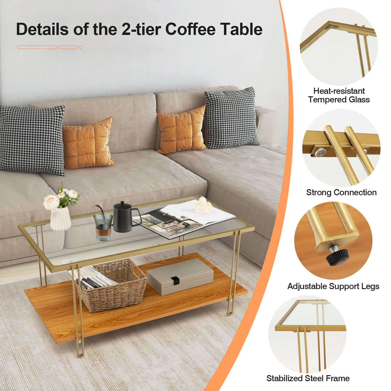 Giantex Rectangular Coffee Table, Modern Central Table w/Storage Shelf