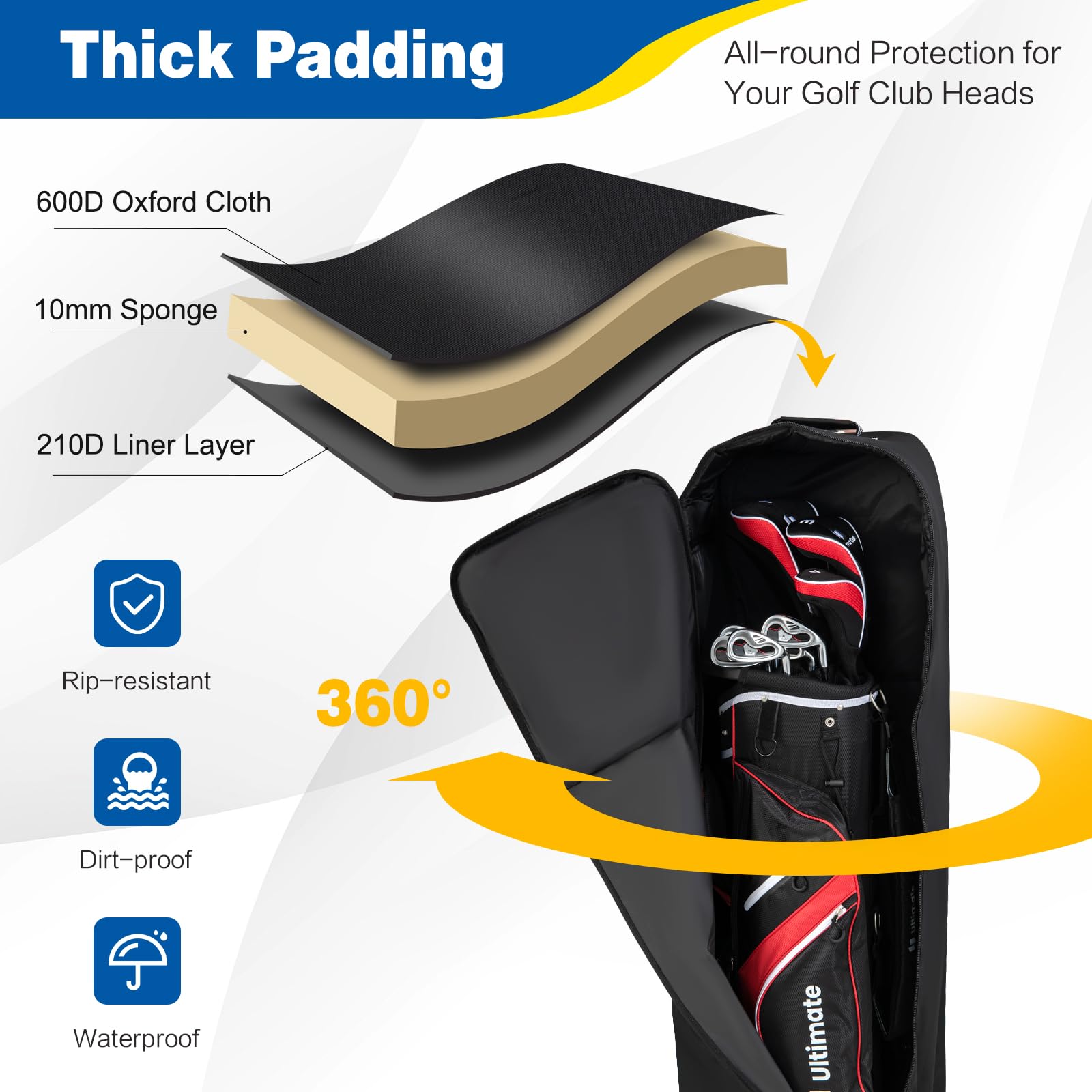 Heavy-Duty 600D Oxford Wear Resistant, Waterproof & Foldable Golf Bag w/ Wheels