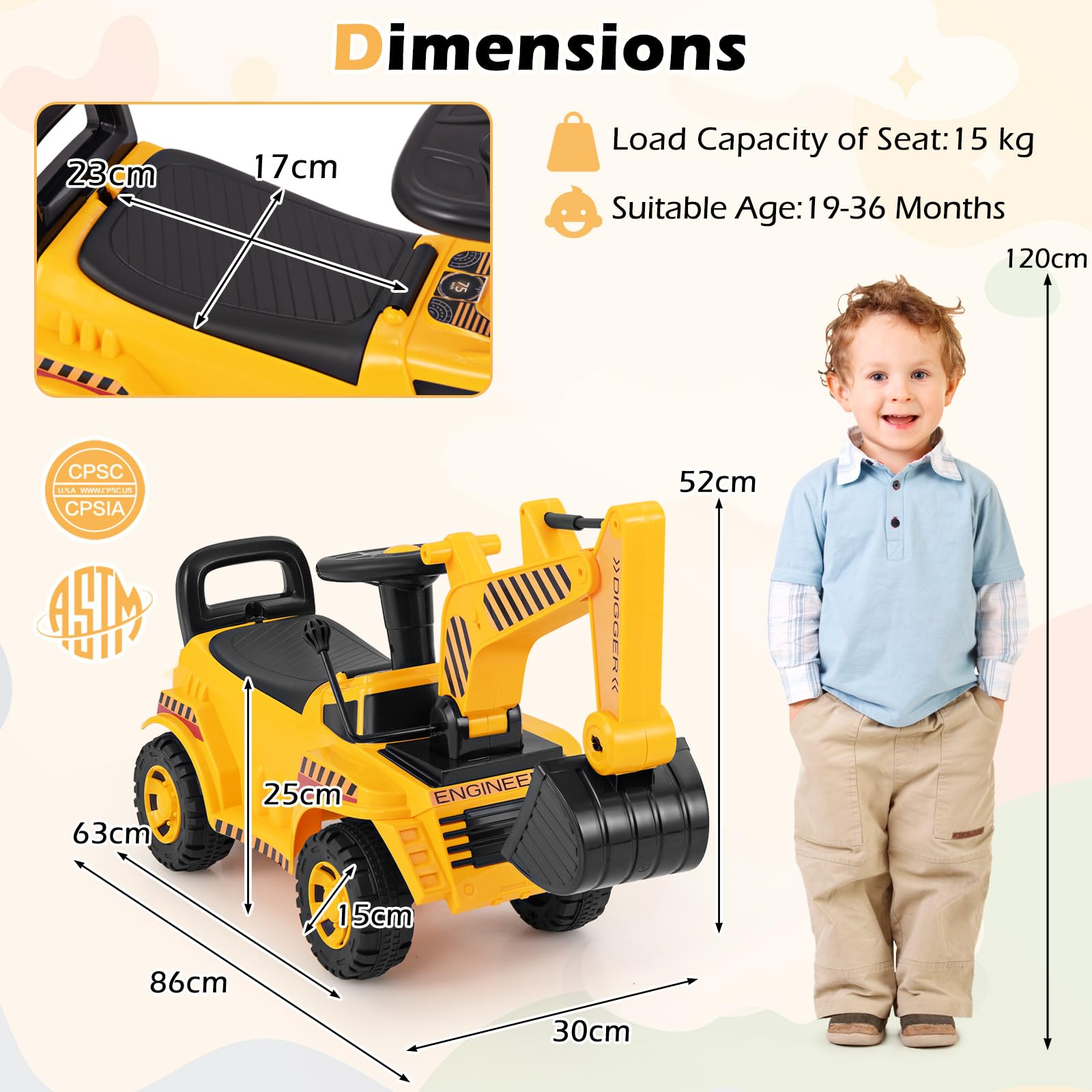 HONEY JOY Kids Ride on Excavator, Bulldozer Digger Toy for 19-36 Months