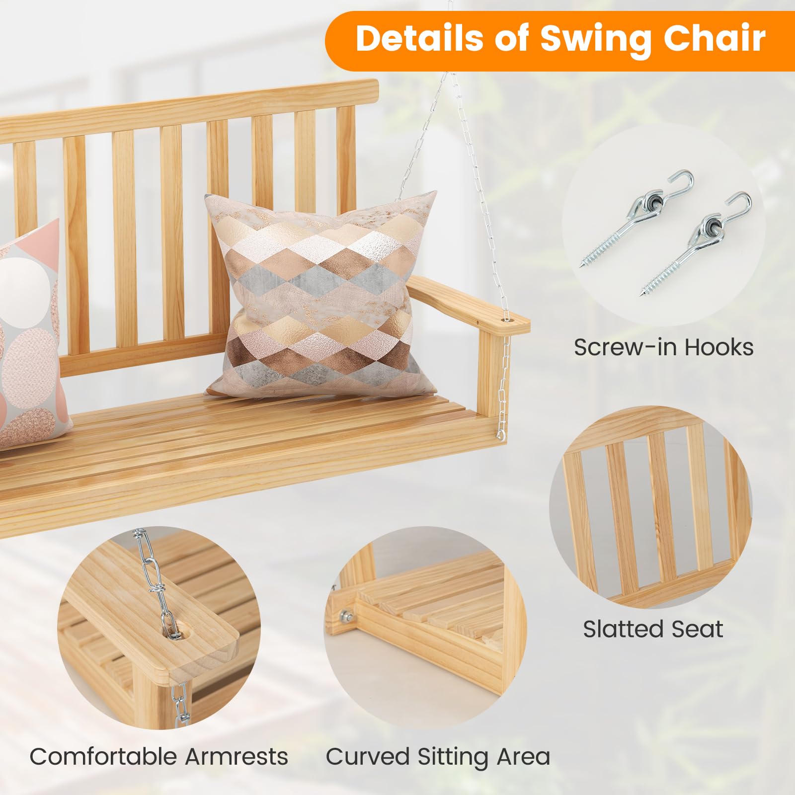 2-Seat Patio Swing Bench, Wood Hanging Porch Swing Chair W/ 2 Sturdy Hanging Ropes