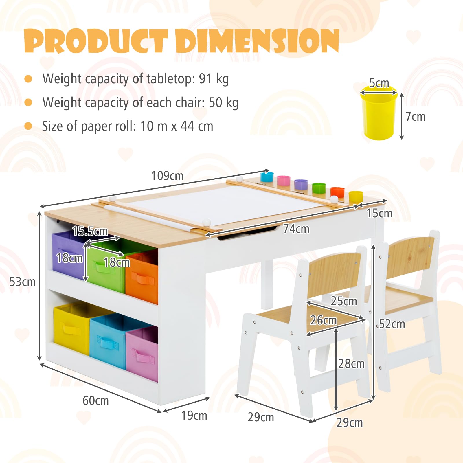 HONEY JOY Kids Table and Chairs Set, 2 in 1 Wooden Art Table & Easel Set for Children with 2 Chairs, 6 Storage Bins
