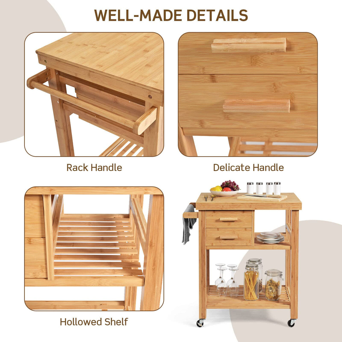 Bamboo Kitchen Island Cart Trolley, 3-Tier Rolling Kitchen Cart w/ 2 Drawers