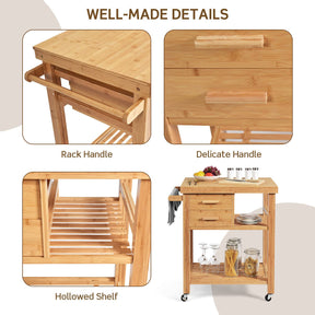 Bamboo Kitchen Island Cart Trolley, 3-Tier Rolling Kitchen Cart w/ 2 Drawers