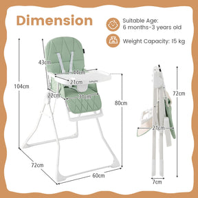 Foldable High Chair, Easy Clean Compact Highchair with Removable Adjustable Tray and PU Seat Cushion, 5-Point Safety Belt for Babies