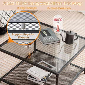 Giantex Glass Coffee Table with Storage, 70cm Modern 2-Tier Square Coffee Table with Mesh Shelf