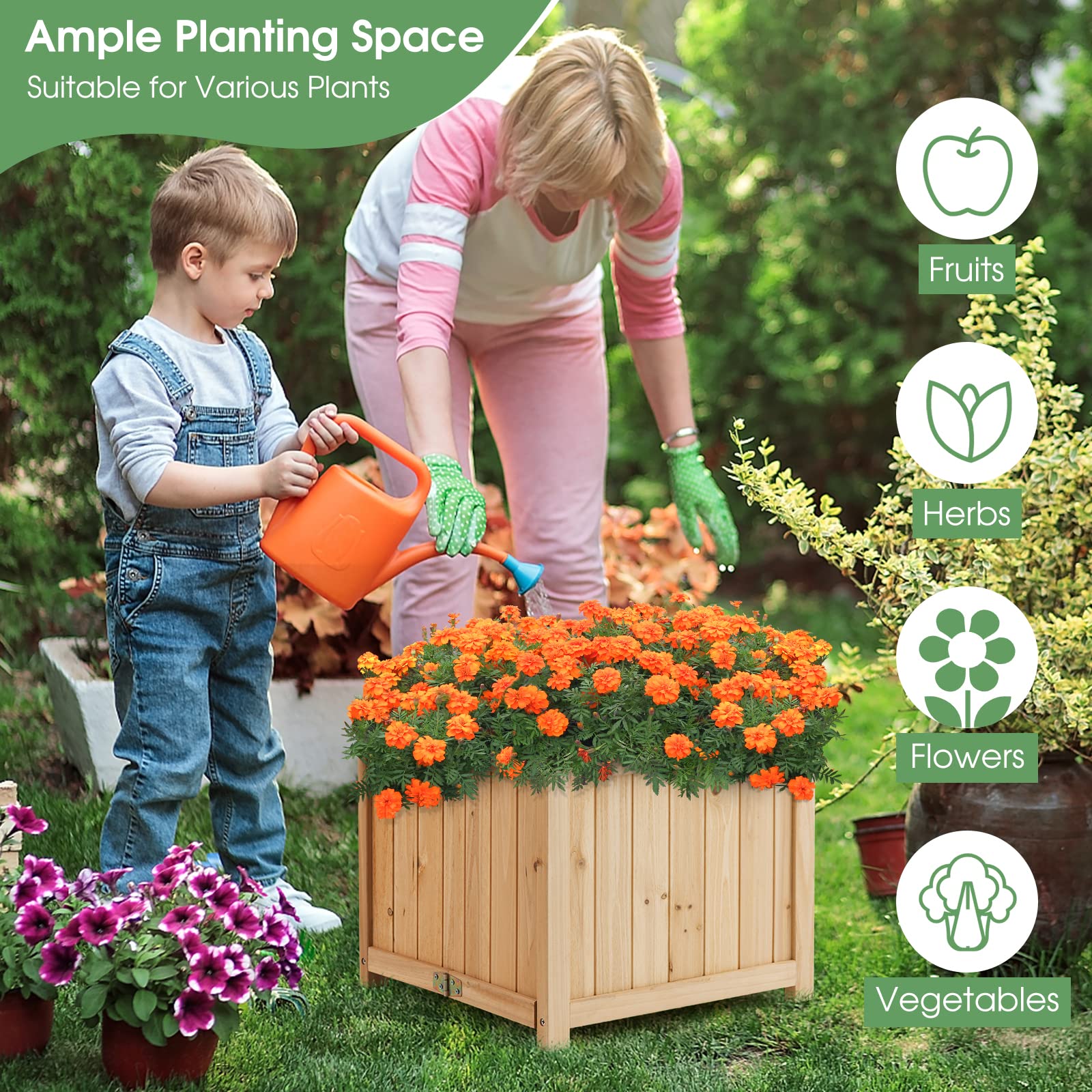 Fir Wood Raised Garden Bed, Outdoor Elevated Planter w/Drainage Hole