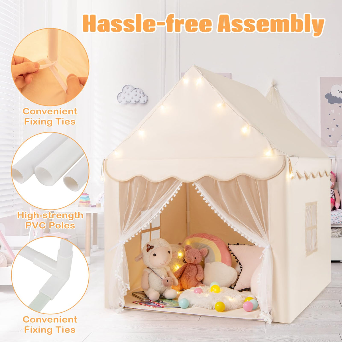 Kids Play Tent, Large Playhouse with Star Ornaments, Washable Mat, Windows